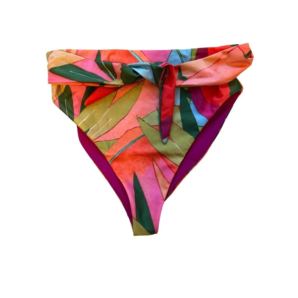 Mara Hoffman Goldie High Waisted Bikini Bottom Pink Multi Tropical Leaf XL NWT